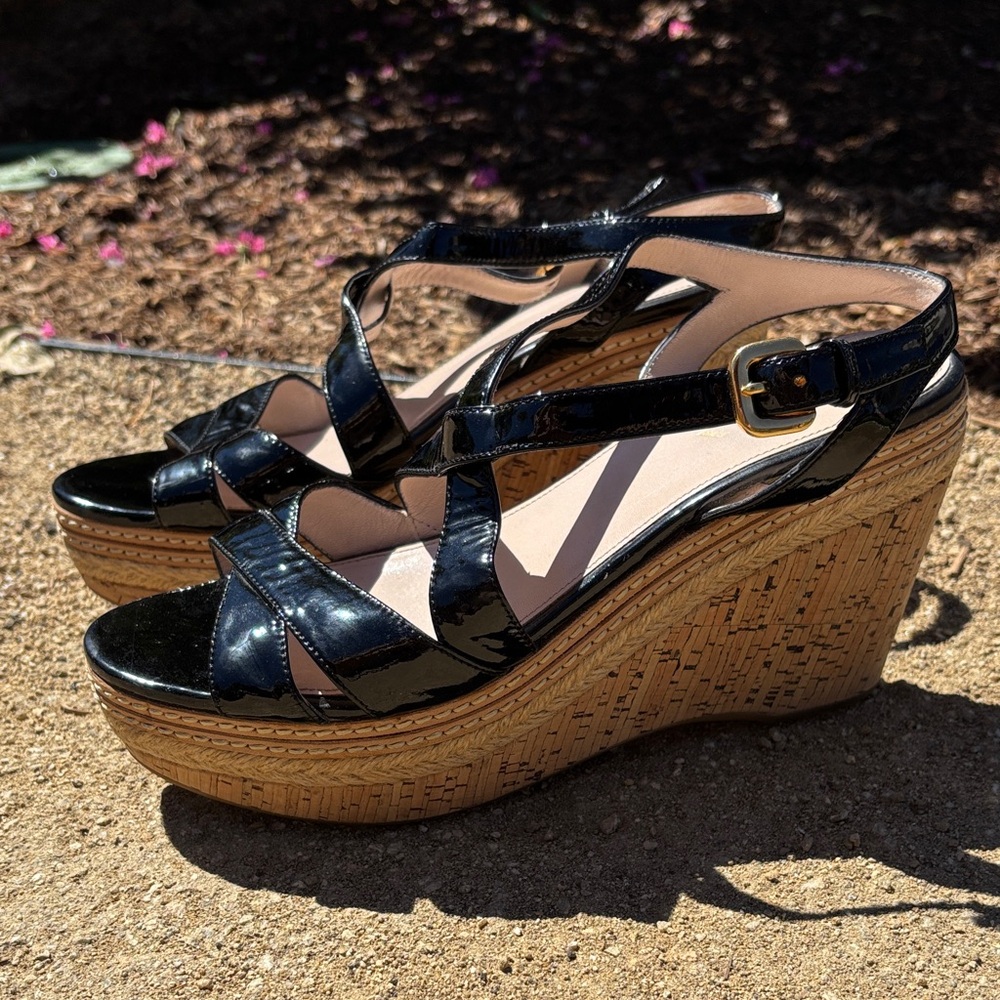 Authentic Prada Black Patent‎ Leather Cork Platform Wedge Sandals